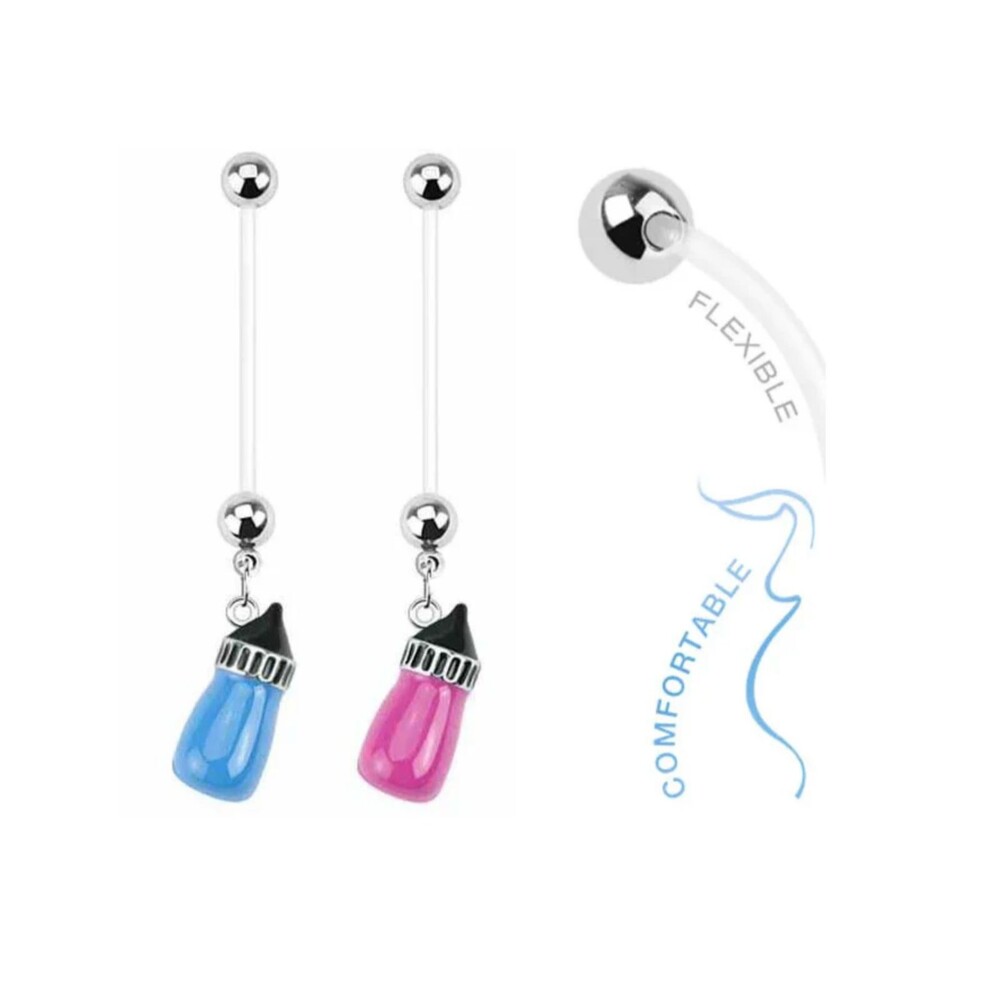 Pregnancy Navel Ring – Blue Baby Bottle Dangle – 14G 1” Flexible Bioflex - Picture 2 of 4